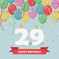 29 years celebration. Happy Birthday greeting card with candles, confetti and balloons.