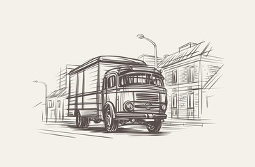 Retro Delivery Truck Illustration. Hand drawn, vector, eps 10. 