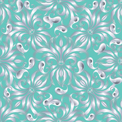 Fototapeta na wymiar Elegance paisley seamless pattern. Vector floral turquoise background wallpaper illustration with vintage hand drawn silver paisley flowers, striped leaves, swirls, beautiful ornament. Surface texture