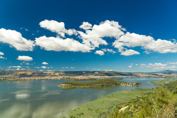 spring in Ioannina city Greece , lake Pamvotis , clouds sky