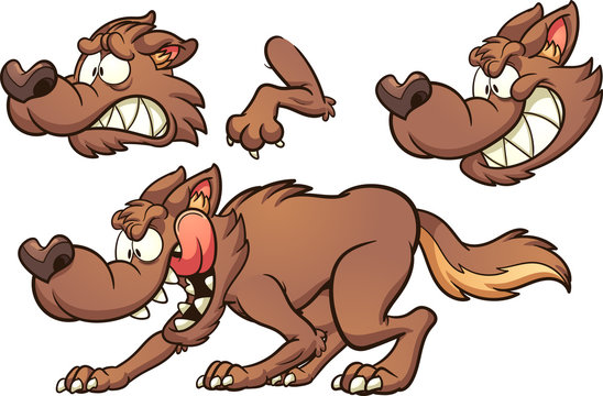 Cartoon brown wolf with different expressions. Vector clip art illustration with simple gradients. Some elements on separate layers. 