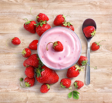 Yogurt With Fresh Strawberry On Wooden Background. Fruits Diet Concept. Top View, High Resolution Product.