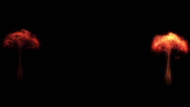 Realistic animation of 5 flames shooting up from the bottom, like stage pyrotechnics. Short bursts in various combinations. Including luma matte.