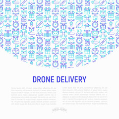 Fototapeta na wymiar Drone delivery concept with thin line icons: quadcopter, flying drone with package, remote control, front and side view. Modern vector illustration of innovative transport for banner, print media.