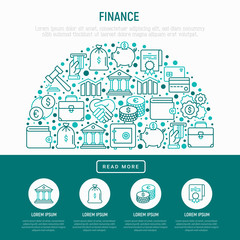 Finance concept in half circle with thin line icons: safe, credit card, piggy bank, wallet, currency exchange, hammer, agreement, handshake, atm slot. Modern vector illustration for banner, web page.