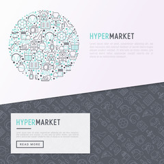 Hypermarket concept in circle with thin line icons: apparel, sport equipment, electronics, perfumery, cosmetics, food, toys, appliances. Modern vector illustration for print media, web page template.