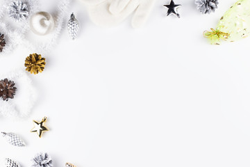 Christmas concept background. Pine cones and Christmas decor on white background.