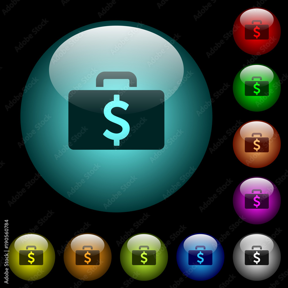 Sticker Dollar bag icons in color illuminated glass buttons