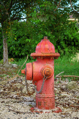 Fototapeta na wymiar red fire hydrant with rust in the Park