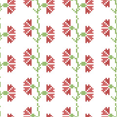 Fototapeta na wymiar Seamless cross stitches flowers pattern on white