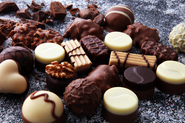 a lot of variety chocolate pralines, belgian confectionery gourmet chocolate