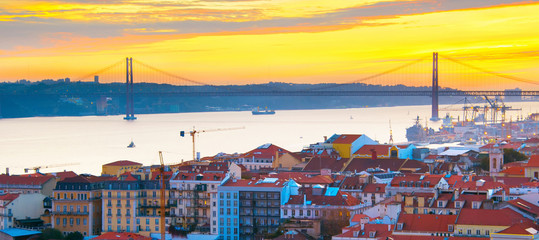 Naklejka premium Lisbon panorama at sunset, Portugal