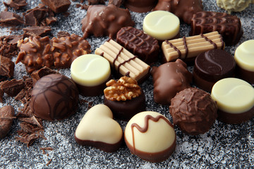 a lot of variety chocolate pralines, belgian confectionery gourmet chocolate