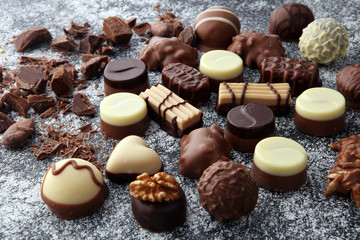 a lot of variety chocolate pralines, belgian confectionery gourmet chocolate