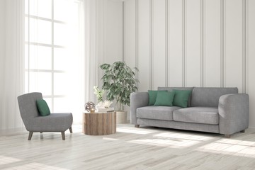 Idea of white minimalist room with sofa. Scandinavian interior design. 3D illustration