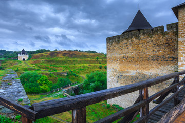 Ancient medieval Khotyn castle located on the right bank of the Dniester River. Remains of engineering and fortification buildings and ruins. Khotyn. Chernivtsi region. Ukraine