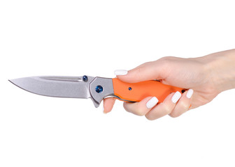 Knife folding with orange handle in hand