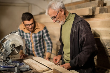Senior and young carpenter in carpenter shop
