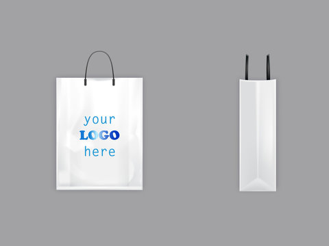 3d vector realistic white shopping bag with black handles, plastic packet with blank space for advertising, front and side view, illustration isolated on background. Ready mockup for your brand design