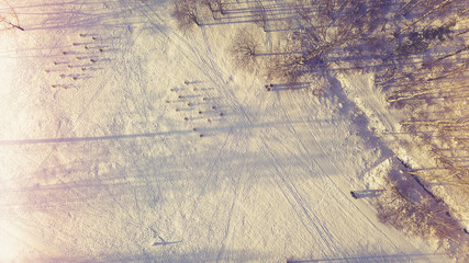 Aerial view snow covered park