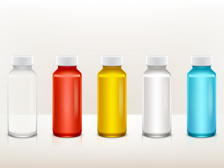 Vector realistic plastic pharmaceutical medical bottle or drawing paint containers with lid mockup set. 3d blank white, transparent colored packaging templates for tablets, pills, vitamin advertising