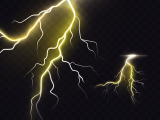 Vector illustration of 3d realistic lightning or thunderbolt isolated on night translucent background. Bright flash of light, high voltage strike, electric discharges, a dangerous natural phenomenon