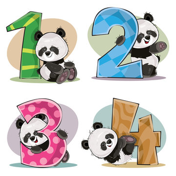 Set of cute baby panda bears with numbers vector cartoon illustration. Clipart for greeting card for kids birthday, invitation for invite, template, t-shirt print. Fun math, counting, numerals 1,2,3,4