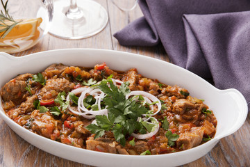 meat and vegetables in tomato sauce, Georgian dish, chashashuli