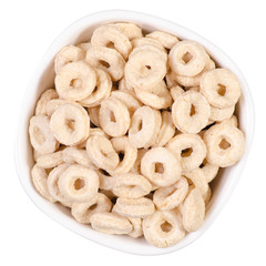 Breakfast cereal rings in a bowl