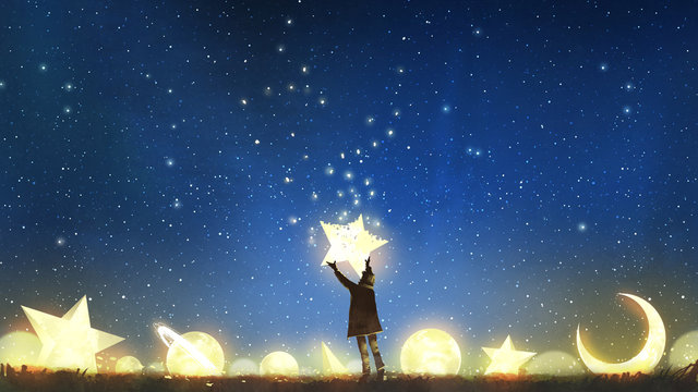 Fototapeta Młody chłopiec stojący wśród świecących planet i trzymający gwiazdę na nocnym niebie dla dzieci