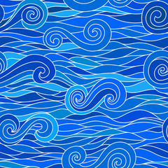 Fototapeta na wymiar Abstract blue seamless pattern with waves, vector illustration