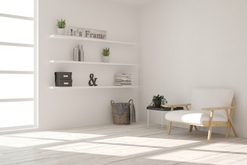 Inspiration of white minimalist room with armchair. Scandinavian interior design. 3D illustration