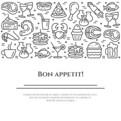 Meals theme horizontal banner. Pictograms of pie, steak, fish, tea, wine, shrimp, pizza and other restaurant food related pictograms. Line out. Simple silhouette. Vector illustration Editable stroke