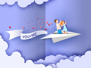 Valentines day card. Abstract background with couple in love flying on paper airplane, hearts and blue sky. Vector illustration. Paper cut and craft style.