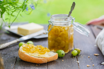 Bread with butter and gooseberry jam
