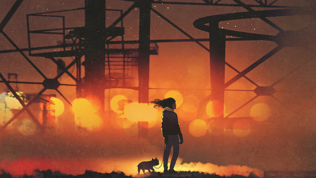 man and his dog standing against the old industrial building, digital art style, illustration painting