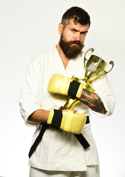 Bearded karate man or brutal caucasian hipster with moustache