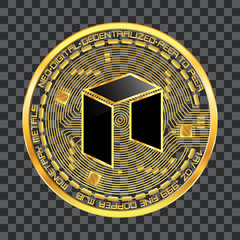 Crypto currency golden coin with black lackered neo symbol on obverse isolated on transparent background. Vector illustration. Use for logos, print products, web decor or other design.