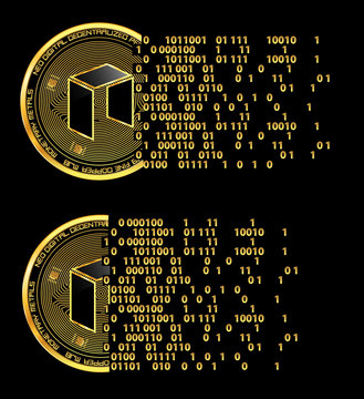 Set of crypto currency golden coins with black lackered neo symbol on obverse isolated on black background. Vector illustration. Use for logos, print products, page and web decor or other design.