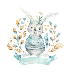Ręcznie rysowane akwarela Wesołych Świąt zestaw z króliczkami. Królika czecha styl, odosobniona boho ilustracja na bielu. - 190568916