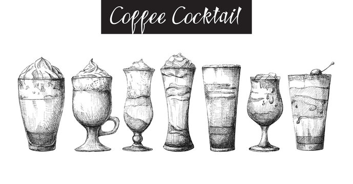 Set of different glasses, different coffee cocktails. Vector illustration of a sketch style.