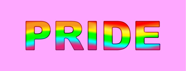 PRIDE typography word rainbow color - LGBT pride slogan against homosexual discrimination on a pink background. Vector illustration. Gay parade symbol. Modern poster, placard, invitation card design