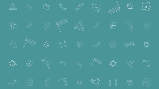 Purim holiday flat design animation background with traditional outline icon symbols