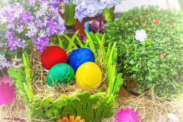 Colorful easter eggs in nest