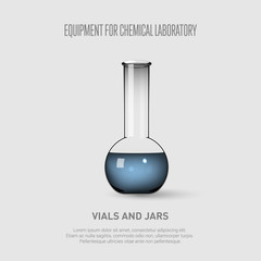 A chemical flask with blue liquid. Equipment for chemical laboratory. Transparent glass chemical flask Vector illustration