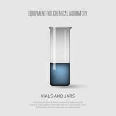 A beaker with blue liquid. Equipment for chemical laboratory. Transparent glass beaker Vector illustration