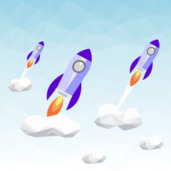 Vector polygonal illustration of rocket in clouds. Business concept of start-up.