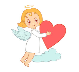 Cute drawing cartoon cupid for Valentine's Day. Small angel carrying the big heart.