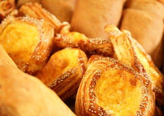 Variety of freshly baked pastries, closeup