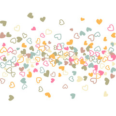 Colorful background with heart confetti. Valentine's day greeting card or wedding background party design. Flat style vector illustration with heart doodles confetti love symbols in pastel colors.